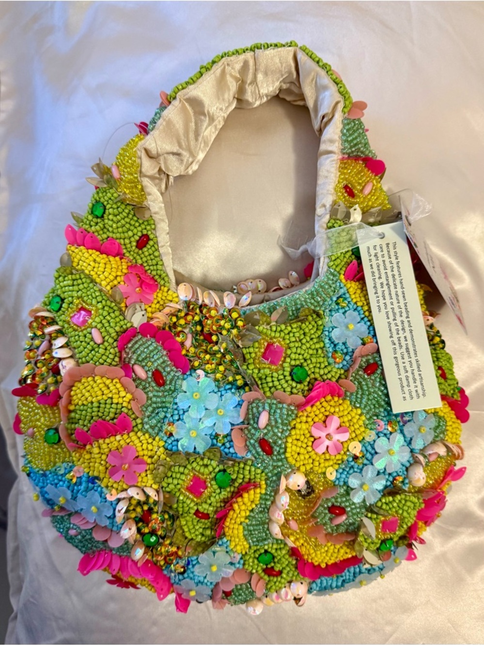 Beaded Floral Crochet Shoulder Bag in Lime Green and Pastel Accents